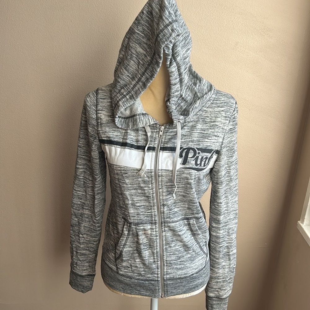 Victoria’s Secret Pink Logo Hoodie Sweatshirt Front Zip Gray Sz XS ST1925 - Picture 4 of 4